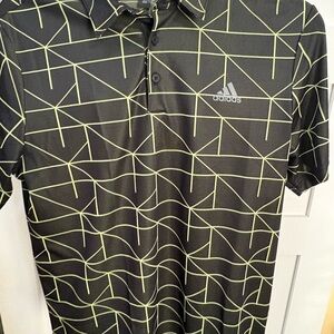 Adidas Men's Black and Green Patterned Polo